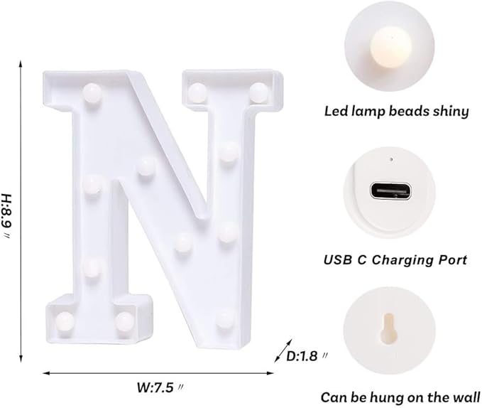 Foaky Rechargeable LED Letter Lights Sign Marquee Light Up Letters Sign for Night Light Wedding/Birthday Party Christmas Lamp Home Bar Decoration (N)
