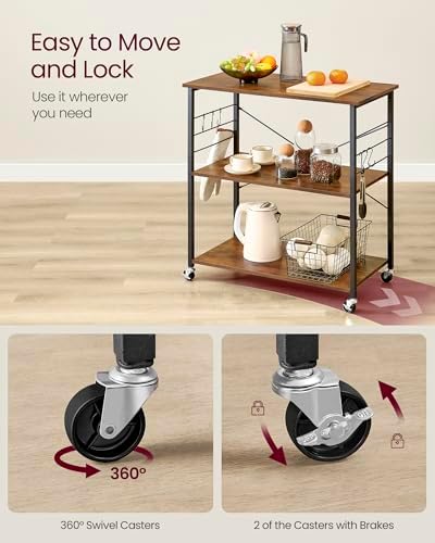 VASAGLE Kitchen Shelf on Wheels, 31.5 Inches Serving Cart with 3 Shelves