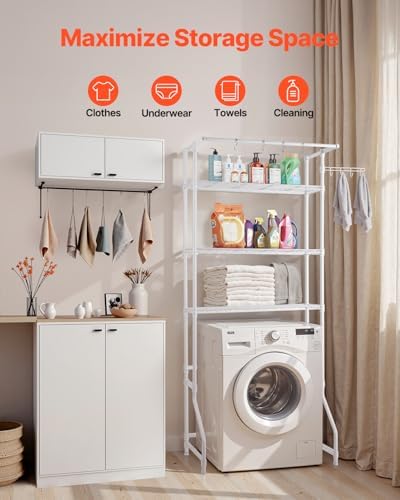VEVOR Over the Washer and Dryer Storage Shelf, 3 Tier Laundry Room Drying Rack with Hanger Rod and Hooks, Adjustable Over Washer and Dryer Shelves, Laundry Room Shelf Storage Space Saver, White