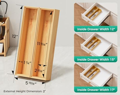 Bamboo Kitchen Drawer Organizer Boxes 12" x 3" Stackable Wooden Organizers