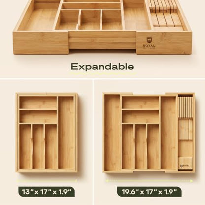 Drawer Organizer for Kitchen Organization – Expandable Bamboo Silverware Drawer Organizer with Removable Knife Block, Bamboo Cutlery, Non-Slip Utensil Organizer with 7-Slot Knife Storage for Flatware