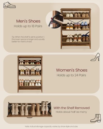 VASAGLE Farmhouse Shoe Cabinet, Narrow Storage Organizer, 3 Flip Drawers