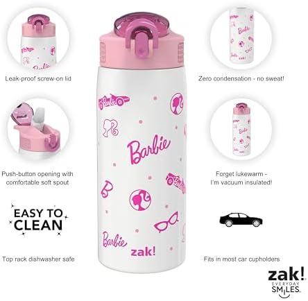 Zak Designs Barbie Porter Water Bottle for Travel and At Home, 19 oz Vacuum Insulated Stainless Steel with Locking Spout Cover, Built-In Carrying Loop, Leak-Proof Design (Barbie)