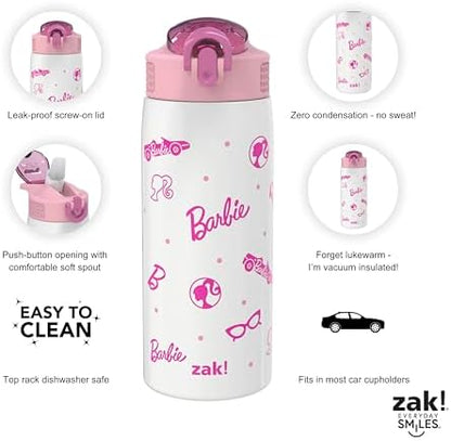 Zak Designs Barbie Porter Water Bottle for Travel and At Home, 19 oz Vacuum Insulated Stainless Steel with Locking Spout Cover, Built-In Carrying Loop, Leak-Proof Design (Barbie)