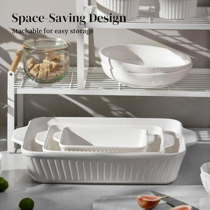 DOWAN Casserole Dishes for Oven, Baking Dishes Set, Ceramic Bakeware Sets of 3, Lasagna Pan Deep, Rectangular Baking Pan Set with Handles for Baking, Casserole, Kitchen, Wedding Gift, Soft White (15.6''/12.2''/8.9'')