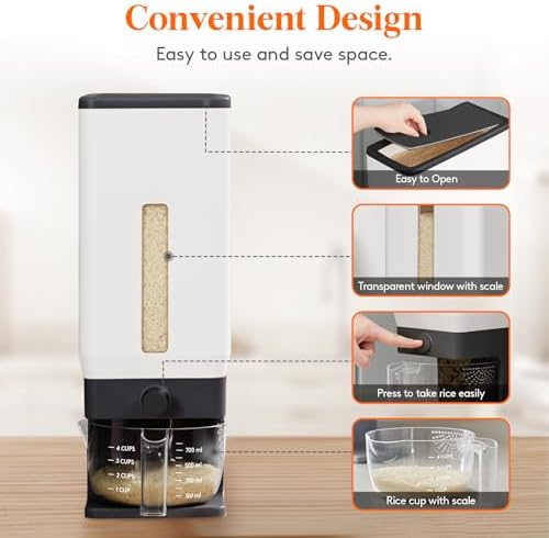 Lifewit Rice Container 28 Lbs, One-Press Dispenser with Measuring Cup