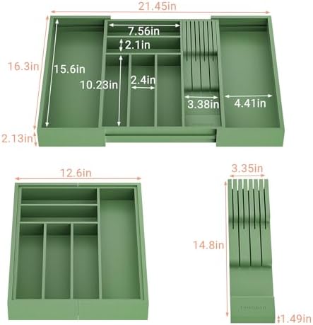 TIOPGHAD Expandable Bamboo Silverware Drawer Organizer Tray, Grayish Green