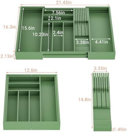 TIOPGHAD Expandable Bamboo Silverware Drawer Organizer Tray, Grayish Green