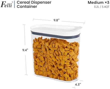 Felli Airtight Cereal Containers 3.3 Qt, Stackable BPA-Free Acrylic Cereal Dispenser with Flip-Top Lid, Medium Pantry Food Storage for Oats, Granola, Rice (Medium 3.3Qt - 3pk)