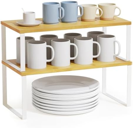 SpaceAid Cabinet Shelf Organizers 2 Pack, Kitchen Counter Rack Shelves Riser, Stackable Expandable Spice Rack, Pantry Cupboard Storage Organization (White and Natural, Long)