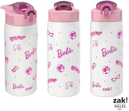 Zak Designs Barbie Porter Water Bottle for Travel and At Home, 19 oz Vacuum Insulated Stainless Steel with Locking Spout Cover, Built-In Carrying Loop, Leak-Proof Design (Barbie)