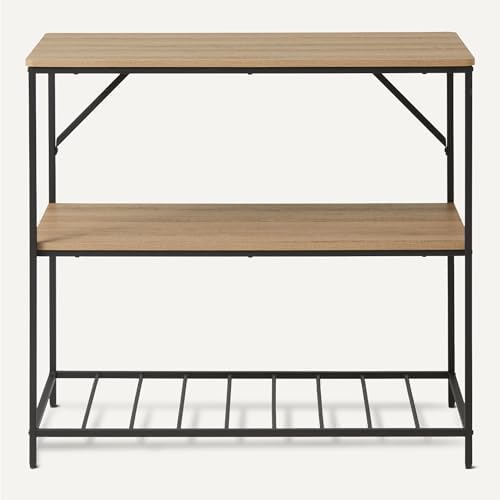 Amazon Basics Kitchen Island with 3 Storage Shelves, Black and Oak Effect, Melamine Surface, Adjustable Feet