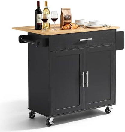 VEVOR Kitchen Island Cart with Storage, 42.28 in Wide Mobile Rolling Storage Island on Swivel Wheels, with Drawer, Storage Cabinet, Drop Leaf, Spice Rack, Table for Home Dining Room, Black