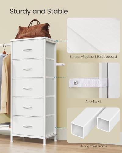 SONGMICS Dresser with Hanging Rod, 5 Fabric Drawers, Bottom Shelf