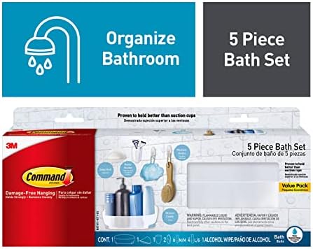 Command Bathroom Accessories, 5 Piece Bathroom Organizer Set - 1 Shower Caddy, 1 Soap Dish, 1 Toothbrush Holder, 2 Hooks with Water Resistant Strips