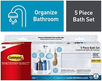 Command Bathroom Accessories, 5 Piece Bathroom Organizer Set - 1 Shower Caddy, 1 Soap Dish, 1 Toothbrush Holder, 2 Hooks with Water Resistant Strips