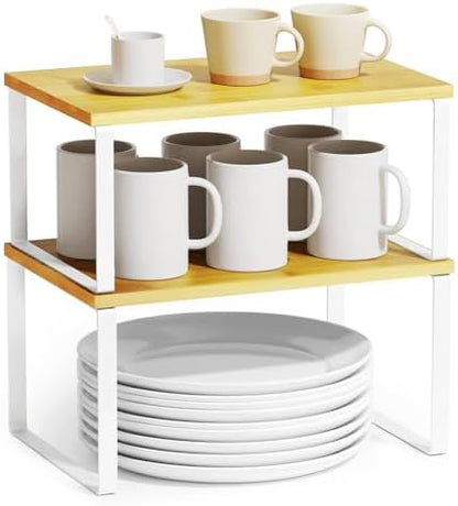 SpaceAid Cabinet Shelf Organizers 2 Pack, Kitchen Counter Rack Shelves Riser, Stackable Expandable Spice Rack, Pantry Cupboard Storage Organization (White and Natural, Short)