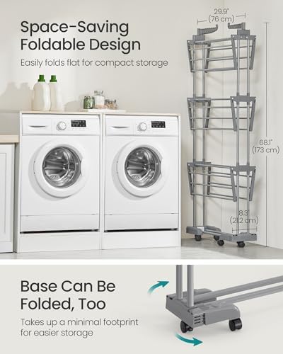 SONGMICS 4-Tier Clothes Drying Rack, Foldable, Rolling, 67.9-Inch Tall