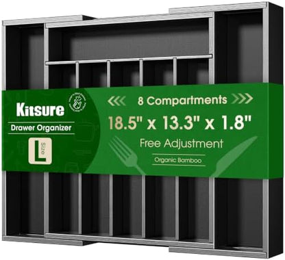 Kitsure Silverware Organizer, Bamboo Kitchen Drawer Tray, Black, Large