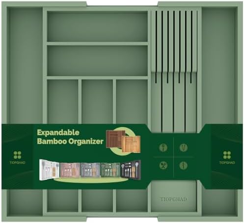 TIOPGHAD Expandable Bamboo Silverware Drawer Organizer Tray, Grayish Green
