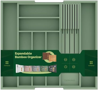 TIOPGHAD Expandable Bamboo Silverware Drawer Organizer Tray, Grayish Green
