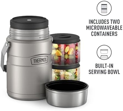 THERMOS Stainless King Vacuum-Insulated Food Jar Matte Steel | With Storage Containers | Built-in Handle | 47 Ounce | Pack of 4
