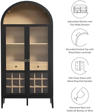 Modway Nolan Modern Farmhouse Arched Bar Cabinet in Black Wood Grain - 72 Inch Tall Wine Storage Cabinet with Glass Doors and Wine Rack - Large Liquor Cabinet for Dining or Living Room