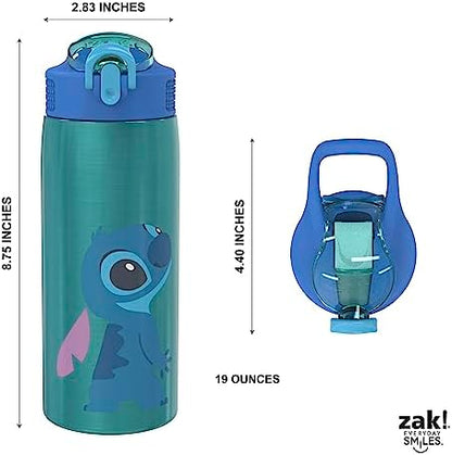 Zak Designs Disney Lilo and Stitch Water Bottle for Travel and At Home, 19 oz Vacuum Insulated Stainless Steel with Locking Spout Cover, Built-In Carrying Loop, Leak-Proof Design (Stitch)