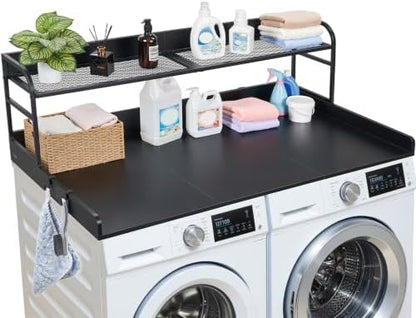 VEVOR Washer Dryer Countertop with Shelf, 54 x 27 in Wooden Washer and Dryer Topper with Shelf and 2 Hooks, Laundry Machine Topper for Laundry Closet Pantry Counter Organization and Storage, Black