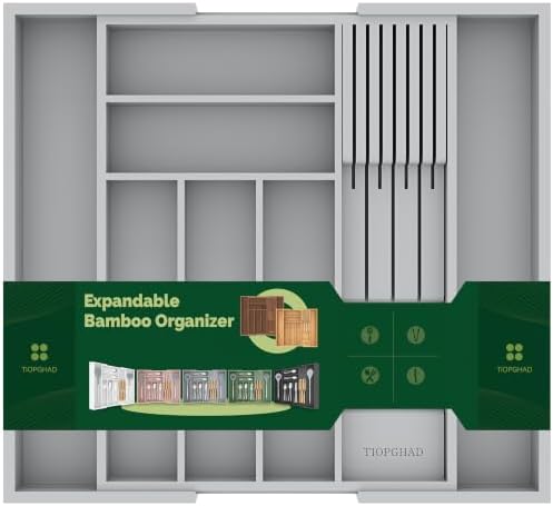 TIOPGHAD Expandable Bamboo Silverware Drawer Organizer Kitchen Tray, Grey