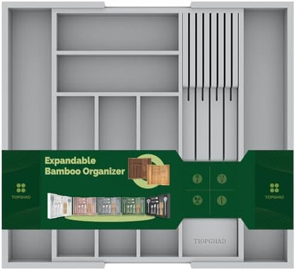 TIOPGHAD Expandable Bamboo Silverware Drawer Organizer Kitchen Tray, Grey