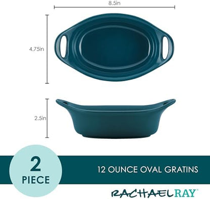 Rachael Ray Solid Glaze Ceramics Au Gratin Bakeware / Baker Set, Oval - 2 Piece, Teal