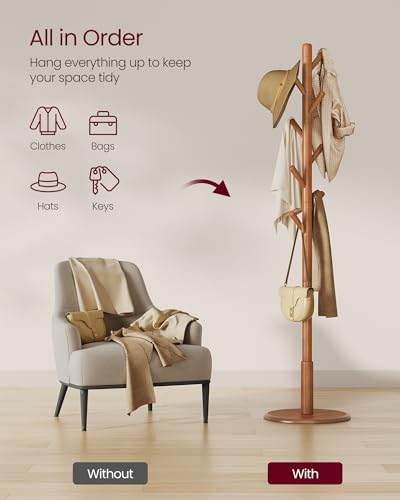 VASAGLE Solid Wood Coat Rack, Free Standing, 8 Hooks, 3 Height Options