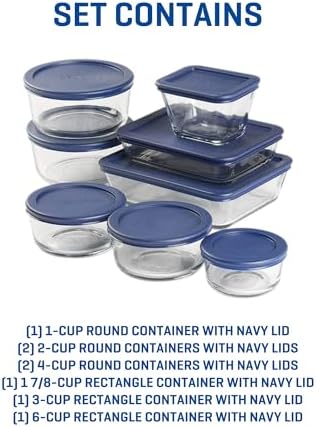 Anchor Hocking 16 Piece Glass Storage Containers with Lids (8 Glass Food Storage Containers & 8 Navy Blue SnugFit Lids)