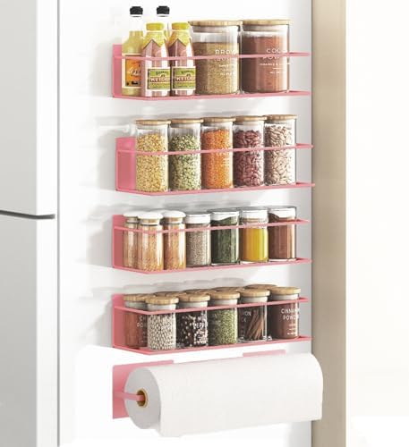 Magnetic Spice Rack For Refrigerator Magnetic Fridge Shelf For Kitchen Spice Organizer Magnetic Shelf For Fridge Space Saving Pink 4 Pack With Magnetic Paper Towel Holder