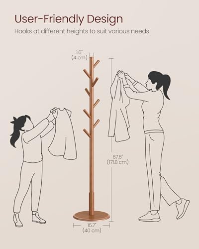 VASAGLE Solid Wood Coat Rack, Free Standing, 8 Hooks, 3 Height Options