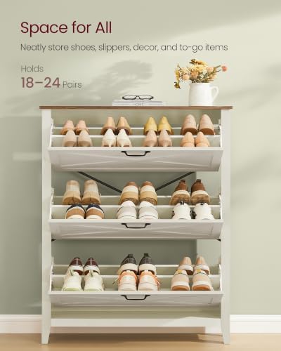 VASAGLE Farmhouse Shoe Cabinet, Narrow Storage Organizer, 3 Flip Drawers