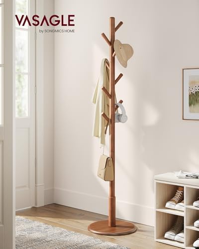 VASAGLE Solid Wood Coat Rack, Free Standing, 8 Hooks, 3 Height Options