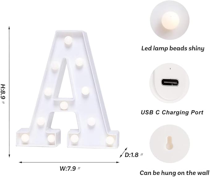 Foaky Rechargeable LED Letter Lights Sign Marquee Light Up Letters Sign for Night Light Wedding/Birthday Party Christmas Lamp Home Bar Decoration (A)