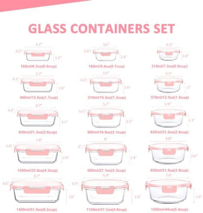 KOMUEE 30 Pieces Glass Food Storage Containers Set, Pink