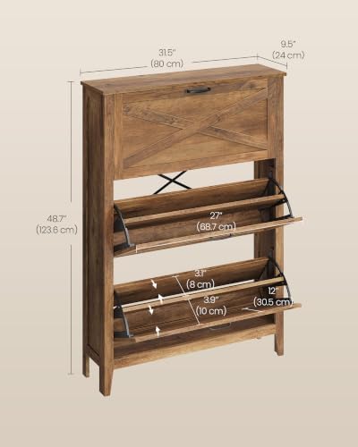 VASAGLE Farmhouse Shoe Cabinet, Narrow Storage Organizer, 3 Flip Drawers