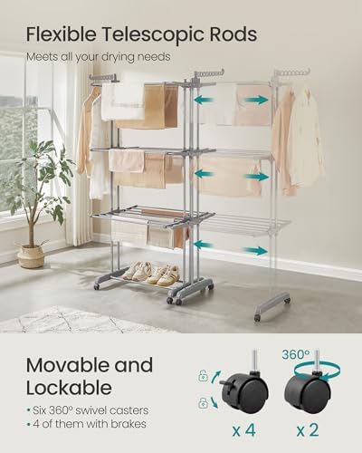 SONGMICS 4-Tier Clothes Drying Rack, Foldable, Rolling, 69.9-Inch Tall