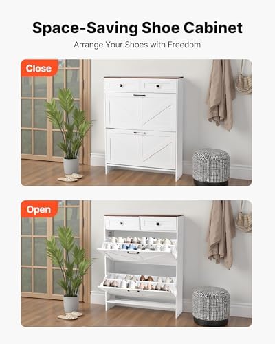VEVOR Shoe Cabinet with 2 Flip Drawers, Farmhouse Shoes Storage Cabinet with 2 Drawers and Anti-Tipping Device, Freestanding Shoe Organizer Ideal for Entryway, Hallway, Bedroom, Living Room, White