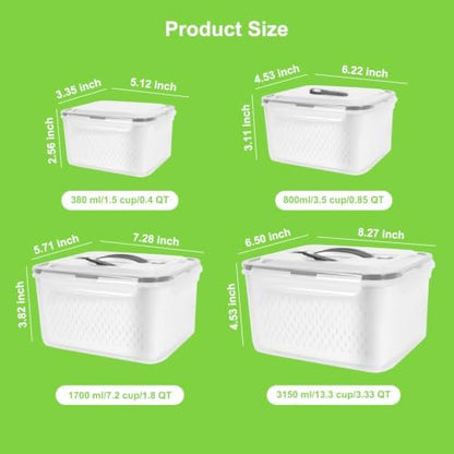 4 Pack Fridge Fruit Storage Containers with Colander, Vent and Handle