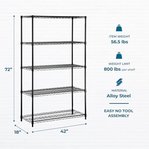 Honey-Can-Do 5-Tier Steel Shelving Unit, 800 lb/Shelf, Black, 42x18x72 in