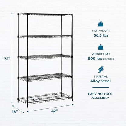 Honey-Can-Do 5-Tier Steel Shelving Unit, 800 lb/Shelf, Black, 42x18x72 in