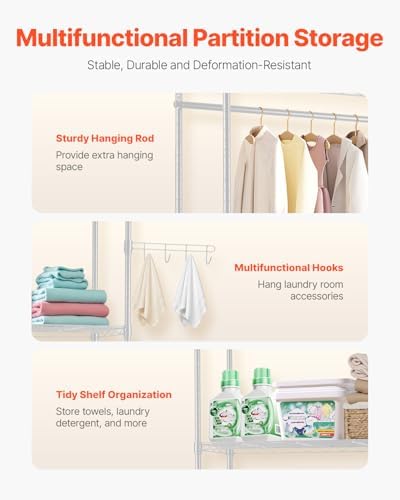 VEVOR Over the Washer and Dryer Storage Shelf, 6 Tier Laundry Room Drying Rack with Hanger Rod and Hooks, Adjustable Over Washer and Dryer Shelves, Laundry Room Shelf Storage Space Saver, White