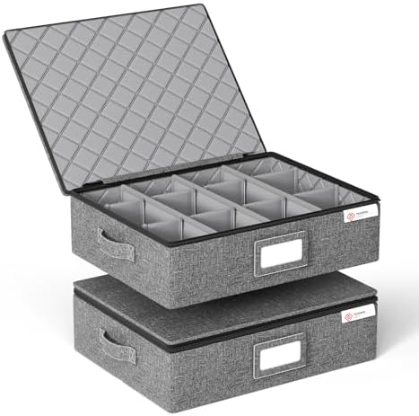 YearningHome Cup and Mug Storage Box with Hard Shell and Dividers for Coffee Mugs,Tea Cups and Glasses,Stackable Storage Organizers with Lid,Handles,Zips and Label for Moving,Holds 24,2 Pack, Grey
