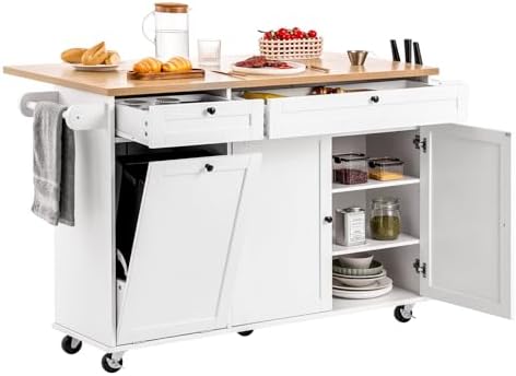 VEVOR Kitchen Island Cart with Storage, 60in Wide Mobile Kitchen Cart with Wheels, Drop Leaf, 2 Drawers, Trash Can Cabinet, Knife Holder, Spice Rack, and Towel Rack, Table for Dining Room, Pantry