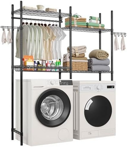 VEVOR Over the Washer and Dryer Storage Shelf, 4 Tier Laundry Room Drying Rack with Hanger Rod and Hooks, Adjustable Over Washer and Dryer Shelves, Laundry Room Shelf Storage Space Saver, Black